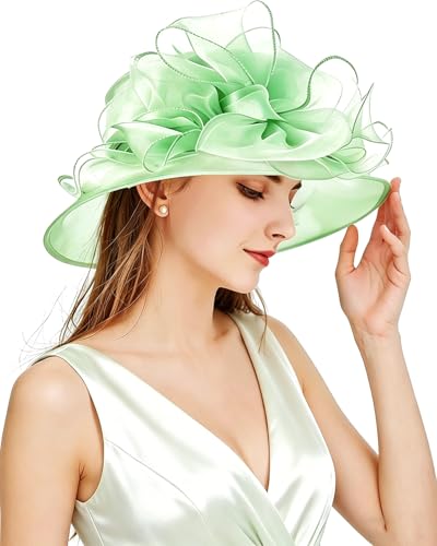 Women Derby Fascinator Hat Organza Church Wedding Hats Wide Brim Cocktail Tea Party Hat - color: 039 Mint Green