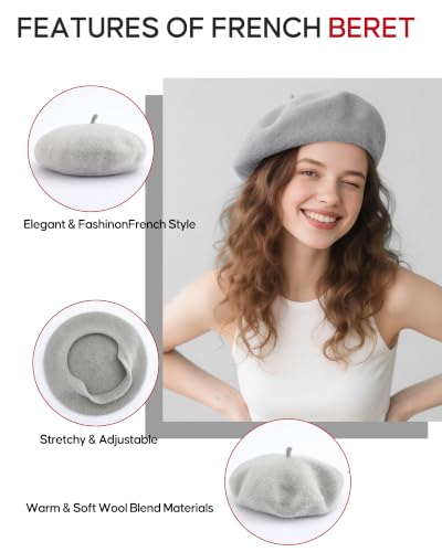 French Beret Hats for Women - Wool Solid Color Beanie Cap - color: Grey