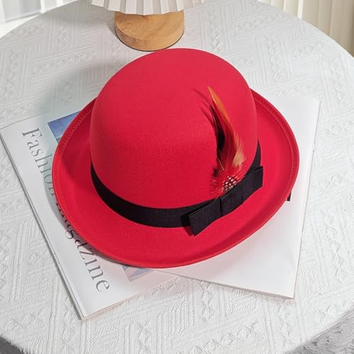 Classic Fedora Hat with Feather, Dome Hard Bowler Cap - color: Red