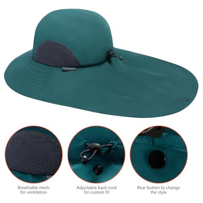 UPF 50+ Foldable Sun Hats Wide Brim with Large Neck Flap for Men Women UV Protection Gardening Fishing Beach Hat - color: Midnight Green