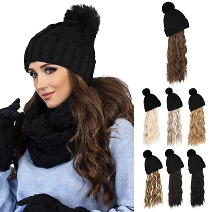 Flufymooz FLmaozi Beanie Wig Hat, Long Wavy Curly Black Hairpiece with Faux Fur Pom, 20 Inch Synthetic Hair for Women Girls Winter (Brown with Medium Auburn) - color: Black Hat-medium Brown With Medium Auburn, size: 20 Inch