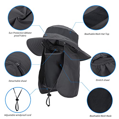 Outdoor Sun Hat UPF 50 Protection Waterproof Fishing hat Face Cover Summer Neck Flap Hat - color: Dark Gray