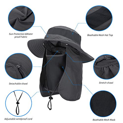 Outdoor Sun Hat UPF 50 Protection Waterproof Fishing hat Face Cover Summer Neck Flap Hat - color: Dark Gray