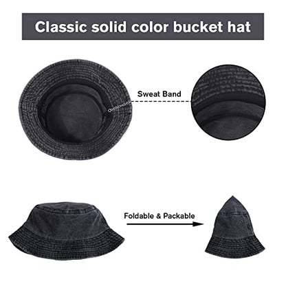 Washed Cotton Bucket Hats Packable Summer Beach Cap for Men Women - color: Ce-bh-black-white-gray
