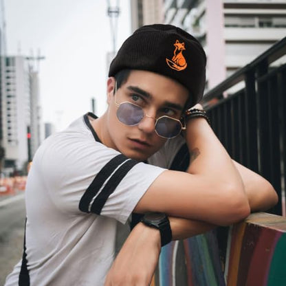 Black Beanie Hat for Men Women Embroidered Knit Winter Beanies Cap - color: Fox