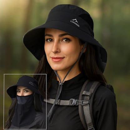 Sun Hat for Men & Women, Breathable Wide Brim Outdoor Fishing Hat with Face Cover & Neck Flap - color: Black