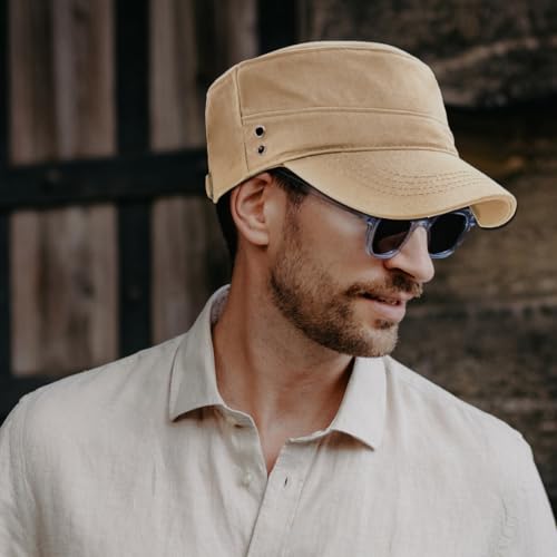 Men's Military Cadet Hat Flat Top Newsboy Cap - color: Beige
