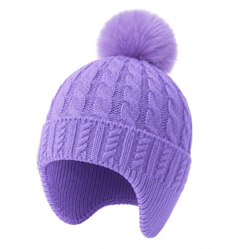 Toddler Baby Winter Hat with Earflap Kids Warm Twisted Knit Hat Infant Pom Pom Beanie Ski Cap for Baby Girls Boys - color: Purple, size: 2-6 Years