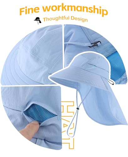 Home Prefer UPF 80+ Sun Hat for Men Women Wide Brim Sun Hat with Neck Flap Summer Beach UV Protection Gardening Fishing Hat - color: Soft Blue