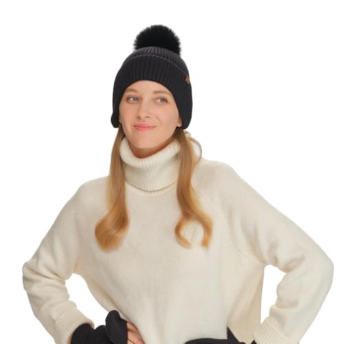 C.C Sequin Pom Beanie for Women - Acrylic Stretchable Soft Warm Knit Winter Skully Hat with Yarn Pom - color: Earflap-black