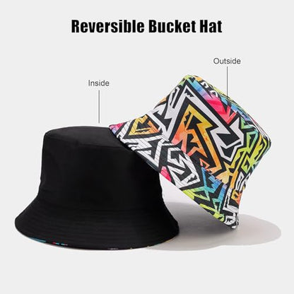 Bucket Hat for Women Men, Cotton Reversible Double Side Wear Sun Hats Beach Fisherman Hat - color: Graffiti Letters