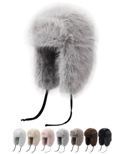 Peicees Winter Fur Hat for Women, Ladies Russian Ushanka Furry Trapper Hat with Warmer Ear Flaps and Glitter Silver Design - color: Grey
