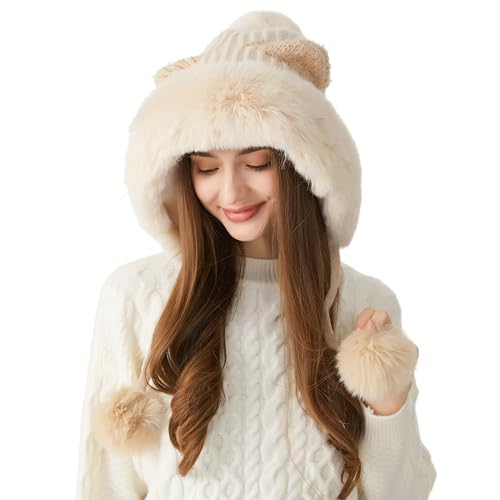 HUAMULAN Women Winter Sherpa Beanie Hats Knit Ear Flaps Fleece Lined - color: Beige