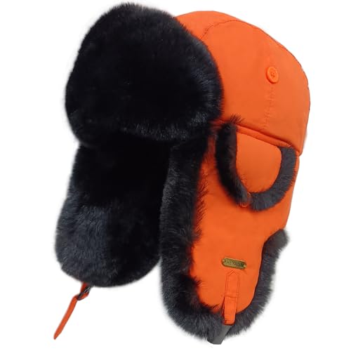 Trapper Hat for Men Women Faux Fur Aviator Russian Ushanka Hat Winter Hunting Hats with Ear Flaps Fur Tropper Bomber Ski Hats - color: Orange, size: Small-Medium
