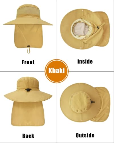 Outdoor Sun Hats with Stowable Neck Flap for Men Women UPF 50+ Mesh Summer Bucket Hat Wide Brim for Fishing Safari Hiking - color: Khaki