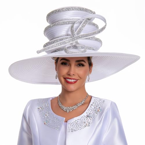 Women's Dramatic Giant Wide Brim Rhinestone Church Hat Statement Turban Fascinator for Wedding Chapel Baptist Sunday - color: 18-white