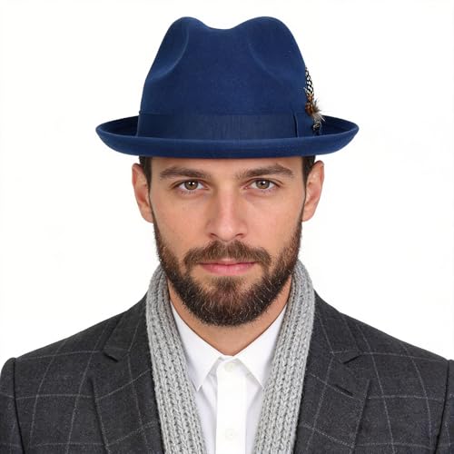 FORBUSITE Wool Felt Wide Brim Fedora Hats for Women Men - color: B5070-lm-blue, size: X-Large
