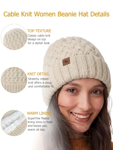 Winter Hats for Women Cable Knit Chunky Skull Cap Fleece Lined Thick Fold Cuff Beanie hat - color: Neutral Grey, style: Pineapple