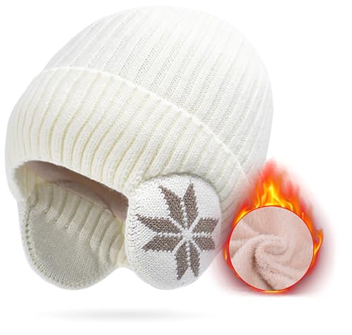 Knit Beanie Hat with Earflaps – Winter Warm Thick Fleece Lined Ski Skull Cap for Men Women - color: White