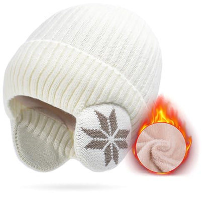 Knit Beanie Hat with Earflaps – Winter Warm Thick Fleece Lined Ski Skull Cap for Men Women - color: White