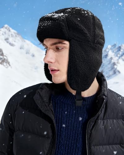 CLAPE Windproof Warm Sherpa Fleece Hat with Ear Flaps for Women, Winter Trapper Hat Men Russian Ushanka Hat for Cold Weather - color: Pl2407-black