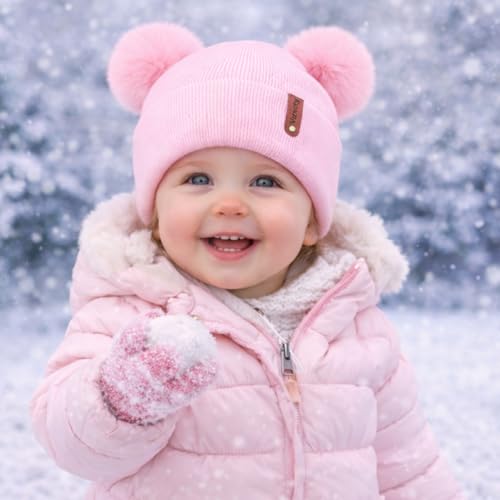 Toddler Winter Beanie Hats 3 Pack – Double Pom Pom Soft Knitted Hats for Baby Boys Girls 6–36 Months - color: Purple+pink+caramel