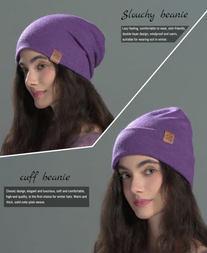 jaxmonoy Slouchy Knit Beanies Winter Hats for Women Men Soft Warm Reversible Slouch Cuffed Skull Knitted Beanie Cap - color: Purple