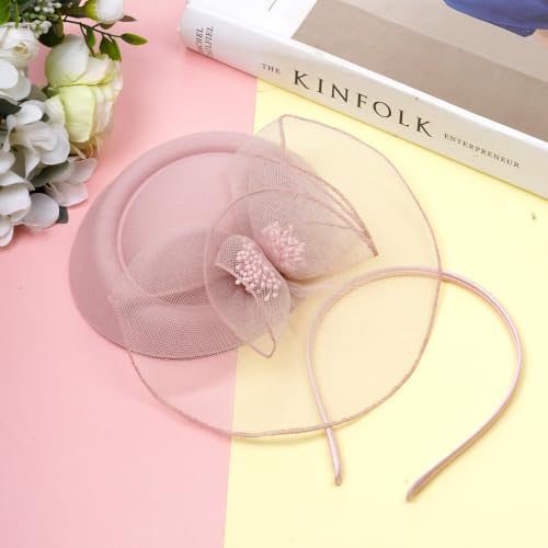 Fascinator Hat for Women Tea Party Pillbox Hats for Cocktail Dresses - color: Dusty Pink