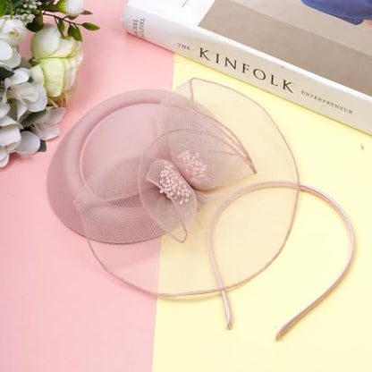 Fascinator Hat for Women Tea Party Pillbox Hats for Cocktail Dresses - color: Dusty Pink