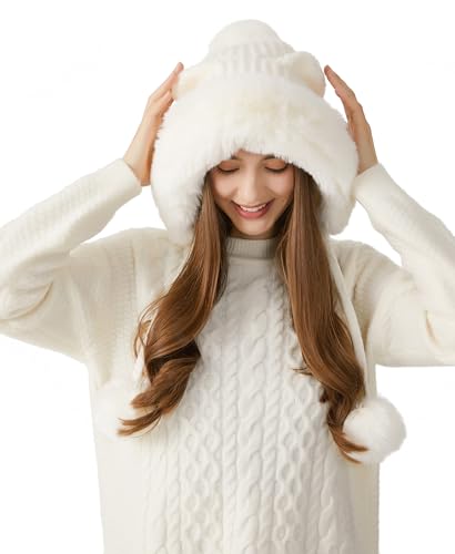 HUAMULAN Women Winter Sherpa Beanie Hats Knit Ear Flaps Fleece Lined - color: Cream White