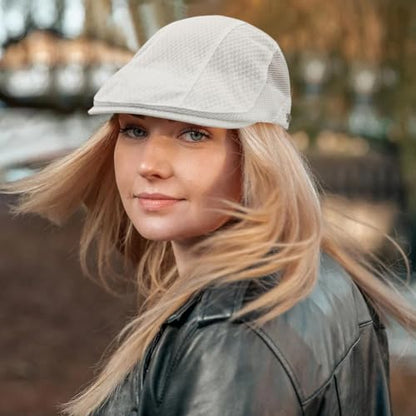 Mesh Cap Breathable Summer Newsboy Hat Adjustable Beret Ivy Cap Irish Cabbie Driving Fishing Hats - color: White