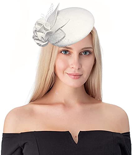 Women's Vintage 100% Wool Felt Cloche Bucket Bowler Hat Winter Vintage Bow Fedoras Church Fascinator - color: 02-white