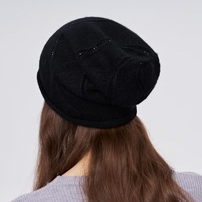 Women's Knitted Angora Wool Hat for Autumn and Winter Warm and Stylish with Rolled Brim and Slanted Rhinestones Cap - color: New-black