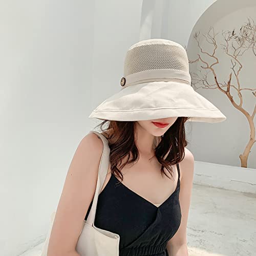Women Wide Brim Sun Hats Metal Wired Edge Summer UV Protection Beach Fishing Hat for Hiking Garden Travel Chin Strap - color: B1-fyu001-beige, size: One Size