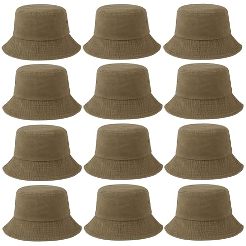 12 Pieces Vintage Washed Distressed Bucket Hat for Women Men Summer Twill Plain Bucket Cap - color: Khaki