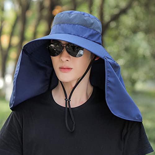 Women Wide Brim Face Mask Sun Hat Detachable Neck Face Flap Ponytail UV Protection Visor Hat Garden Fishing Hiking - color: Bg9215-navy