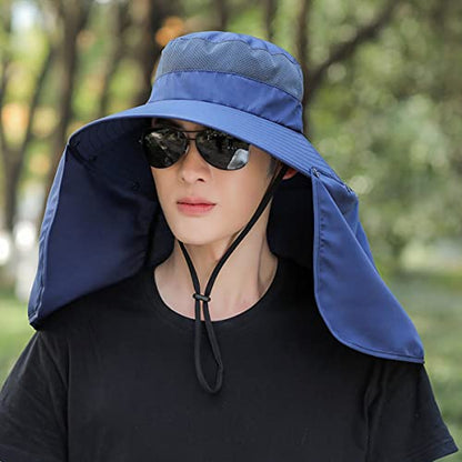 Women Wide Brim Face Mask Sun Hat Detachable Neck Face Flap Ponytail UV Protection Visor Hat Garden Fishing Hiking - color: Bg9215-navy
