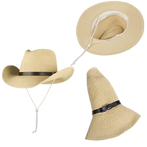 Straw Cowboy Hat for Women Men Classic Western Cowgirl Cap Foldable Sunhat Shapeable Fedora Panama Cap Wide Brim Beach Hat - color: Beige