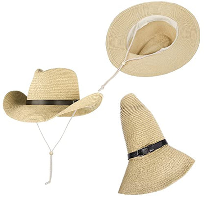 Straw Cowboy Hat for Women Men Classic Western Cowgirl Cap Foldable Sunhat Shapeable Fedora Panama Cap Wide Brim Beach Hat - color: Beige