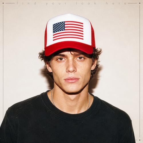 American Flag Patriotic USA Classic 5 Panel Mesh Snap Back Trucker Hat - color: Red - Flag