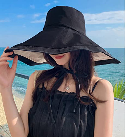 HUAMULAN Women Summer Vacation Wide Brim Sun Hat Reversible Fishing Hats - color: Blackbeige