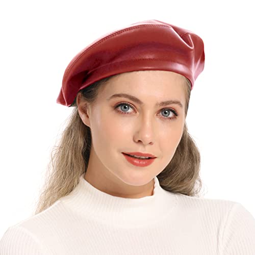 Wheebo PU Leather Berets for Women French Beret Hats Artist Painter Hat Classic Solid Style - color: Red