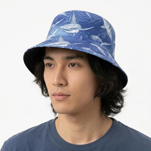 Shark Pattern Bucket Hat for Men Women, Reversible Double-Side-Wear Sun Hat, Packable Beach Fisherman Cap - color: Shark Pattern