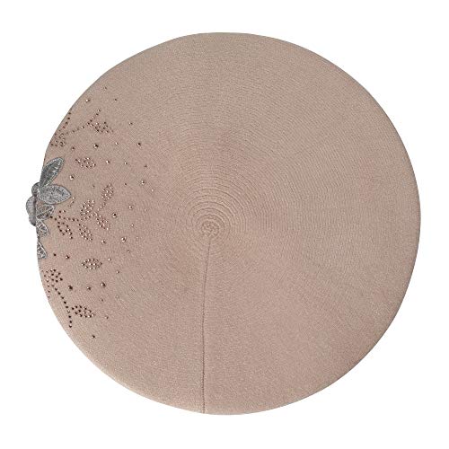 ZLYC Women French Beret Hat Reversible Solid Color Mosaic Warm Artist Cap - color: Flower Beige