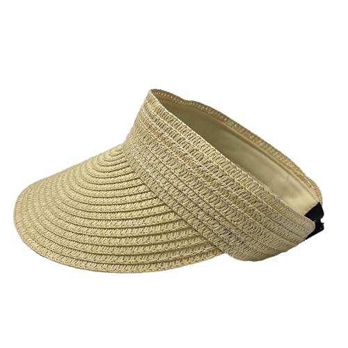 Women Foldable Straw Sun Visor, Packable Rollable Wide Brim Beach Hat, Adjustable Summer Visor for Travel Beach Golf - color: Beige