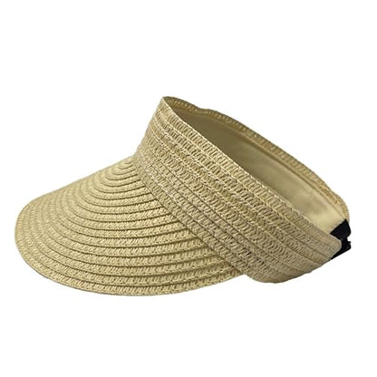 Women Foldable Straw Sun Visor, Packable Rollable Wide Brim Beach Hat, Adjustable Summer Visor for Travel Beach Golf - color: Beige
