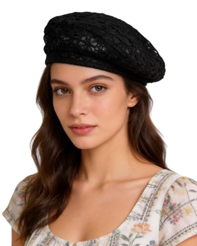 Women Lightweight Beret Floral Hollow Out Hat Breathable French Beret Beanie Hat Cap for Spring Summer - color: Black Lace 1#