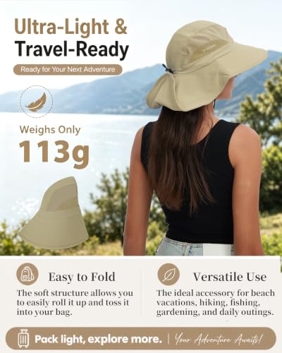 Sun Hat UPF50+, Breathable Wide Brim Bucket Hat Outdoor for Hiking Garden - color: Khaki
