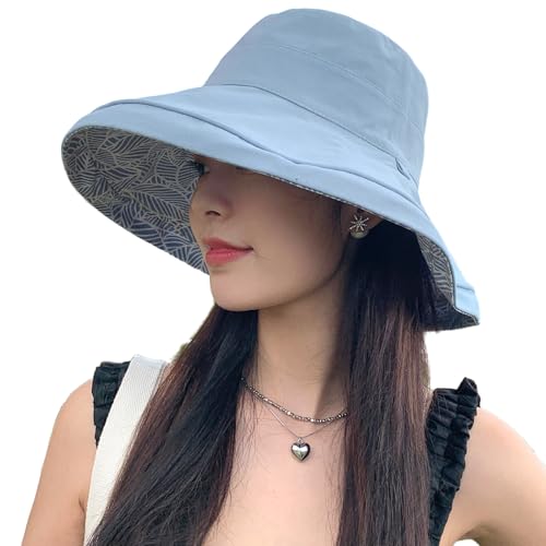 HUAMULAN Wide Brim Women Summer Sun Floppy Hat Reversible Beach Bucket Hat - color: Blue