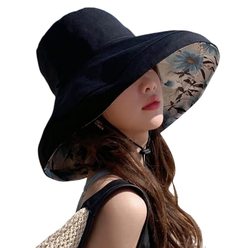 HUAMULAN Wide Brim Women Summer Sun Floppy Hat Reversible Beach Bucket Hat - color: M2320-black